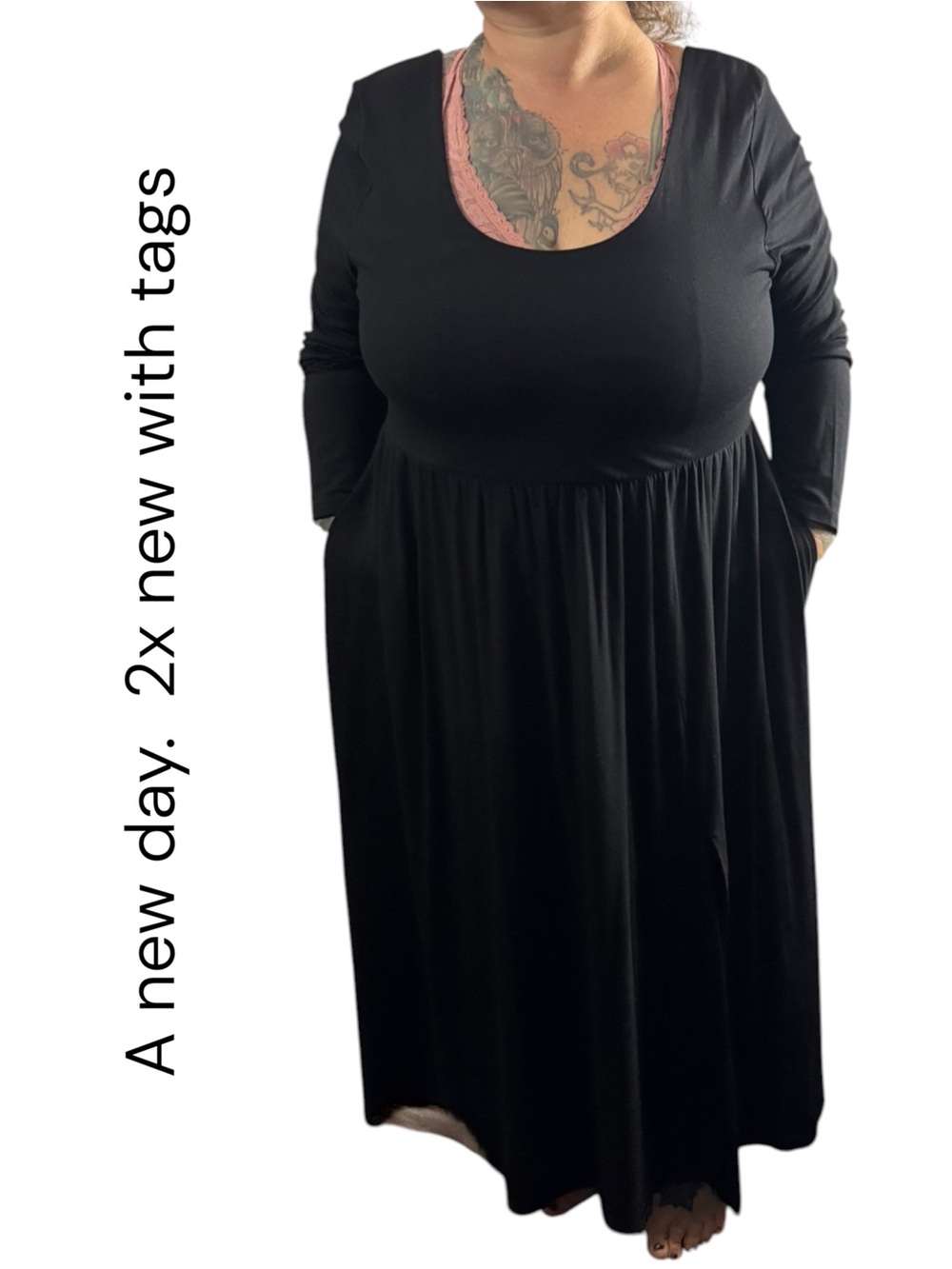 a new day Black Long Sleeve Scoop Neck Maxi Dress with Pockets